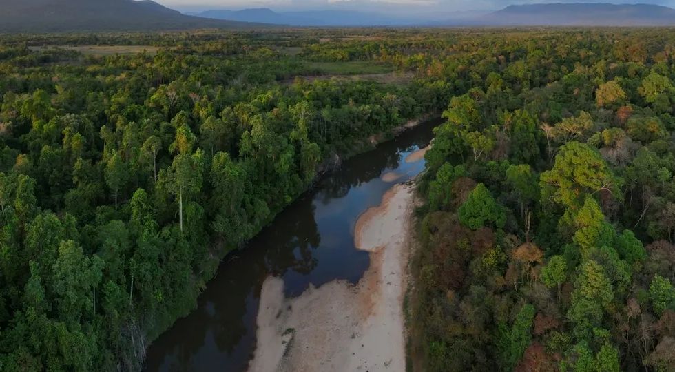 An aerial view shows a winding river cutting through dense green forest, with a sandy riverbank visible on one side. The vast landscape stretches into the distance, framed by rolling hills and mountains under a hazy sky.