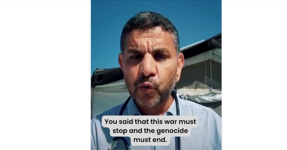 A screenshot of a video of Dr. Marwan Al-Hams making an appeal to EU leaders to sanction Israel.