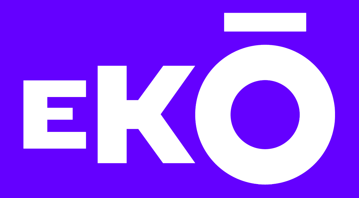 Ekō logo, white letters on a purple background.