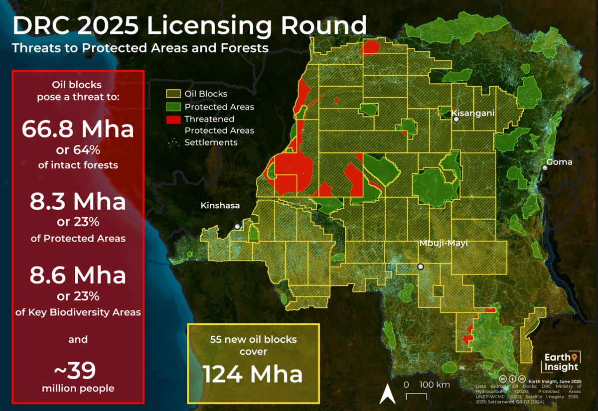 Map showing the 52 new oil blocks the DRC is auctioning that overlap with pristine forest in the Congo Basin