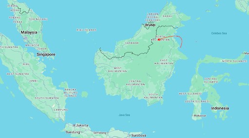 A map with a red arrow pointing to North Kalimantan, a province of Indonesia.