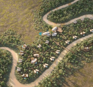 generated image of the river bend with the resort on its banks