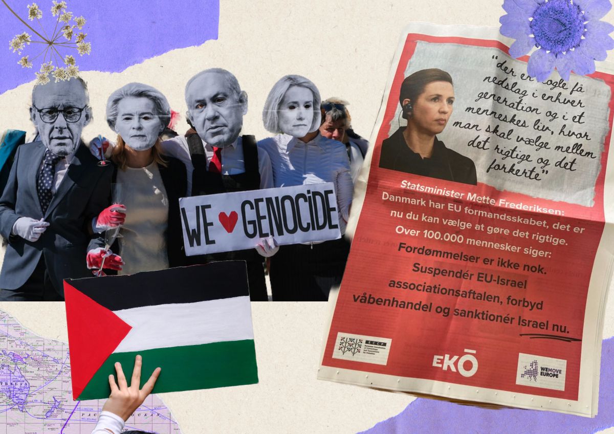 A collage-style graphic showing protesters wearing large cut-out masks of EU political leaders and holding a sign reading ‘We heart Genocide.’ Below, a hand holds a Palestinian flag. To the right, a red Danish-language newspaper advert features a portrait of Denmark’s prime minister calling for action to suspend EU–Israel relations, ban weapons trade, and impose sanctions. Decorative paper textures and flowers frame the image.