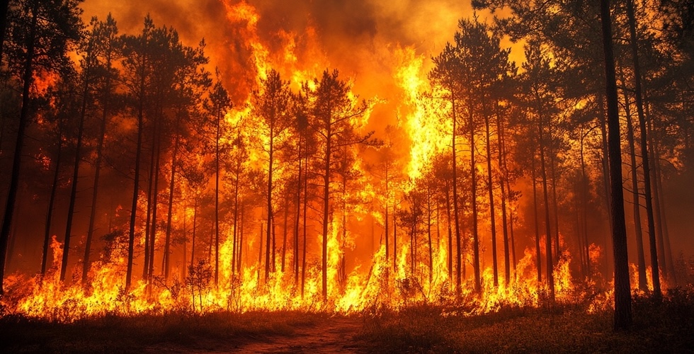 A forest is on fire, large orange flames engulf the trees.
