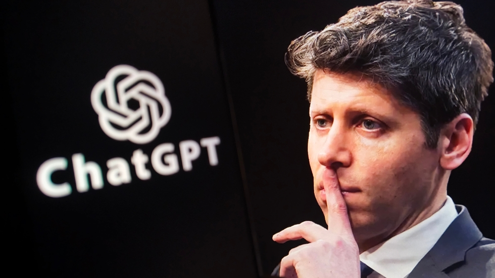 Close up of Sam Altman, CEO of OpenAI. His face is visible in profile with his hand raised to his lips. On the left side there is a black background with "ChatGPT" and its logo visible in white. 