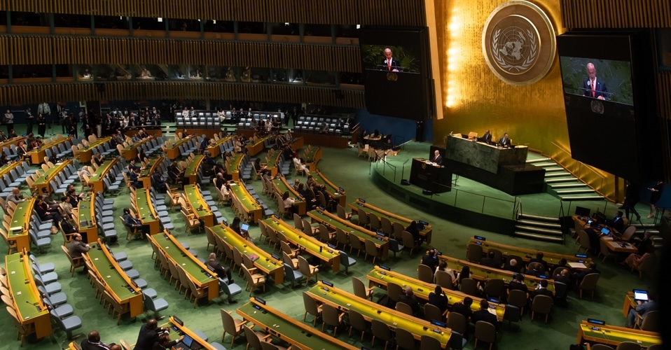 Israeli Prime Minister Benjamin Netanyahu giving a speech to an almost empty room at the UN General Assembly in September 2025.